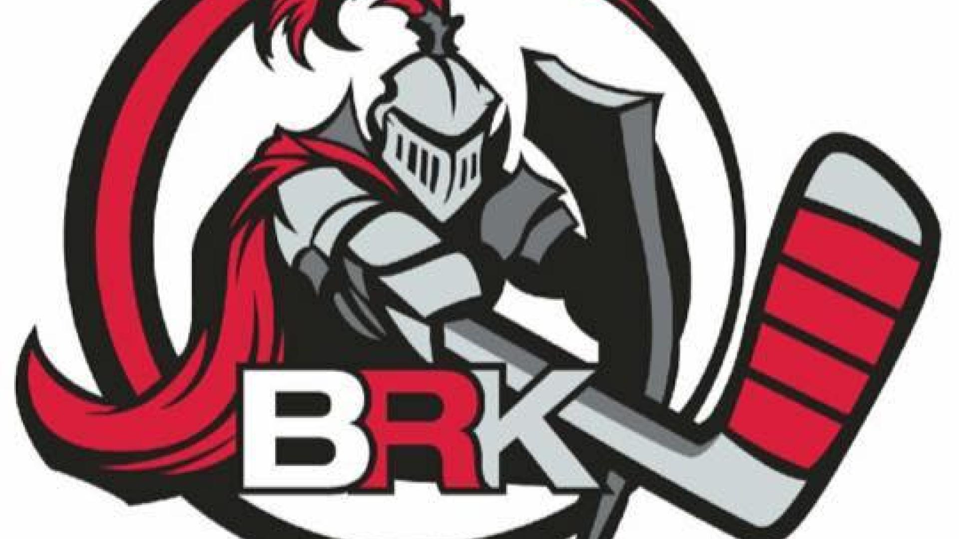 Logo for Battle River Knights. The logo consists of a armour-plated knight wielding a hockey stick and shield.. 