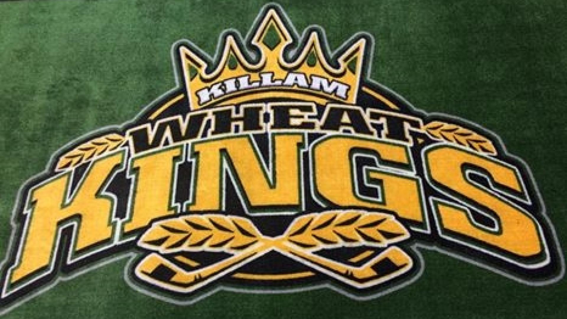 Team logo for the Killam Wheat Kings. The logo has golden lettering on a green background. There is a crown on the top and two hockey sticks with wheat at their handles.
