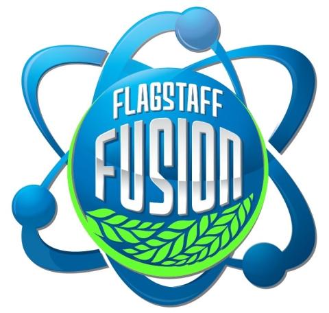 Logo for Flagstaff Fusion. The logo is shaped like an atom with the lettering in what would be the neutron. There are some green wheat stalks under the lettering.