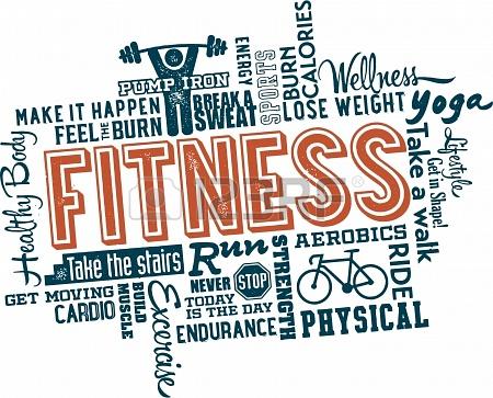 Fitness word cloud. There are terms and graphics surrounding the word "fitness" 