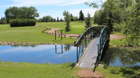 Pathway connecting golf courses. There is a small bridge going over a pond of water. The pathway is reddish dirt-coloured.