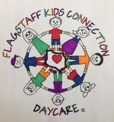 Logo for the Flagstaff Kids Connection Daycare. It consist of 8 children holding hands and making a circle with a heart in the middle.