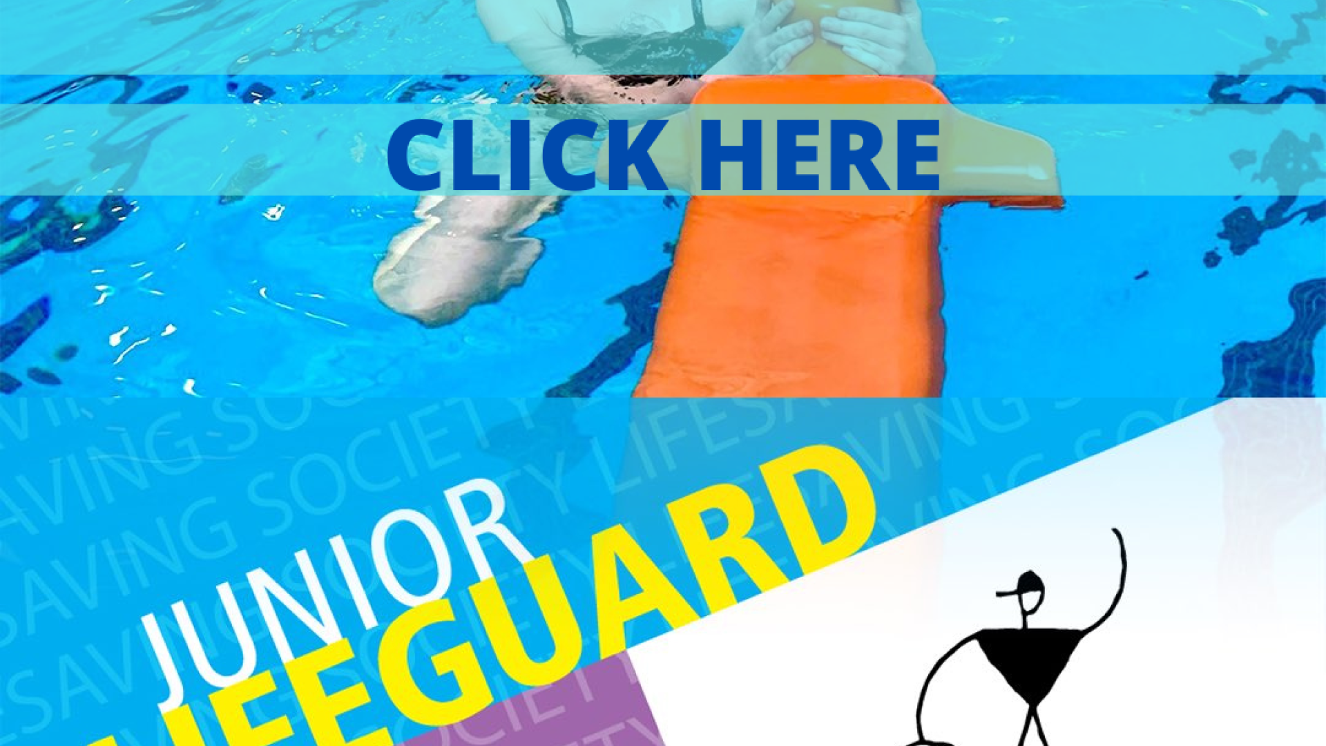 A flyer for "Junior Lifeguard Club Member" There is a graphic of a stick person holding on to a circular life preserver. There is text that reads "Junior Lifeguard Club" at the top of the image.