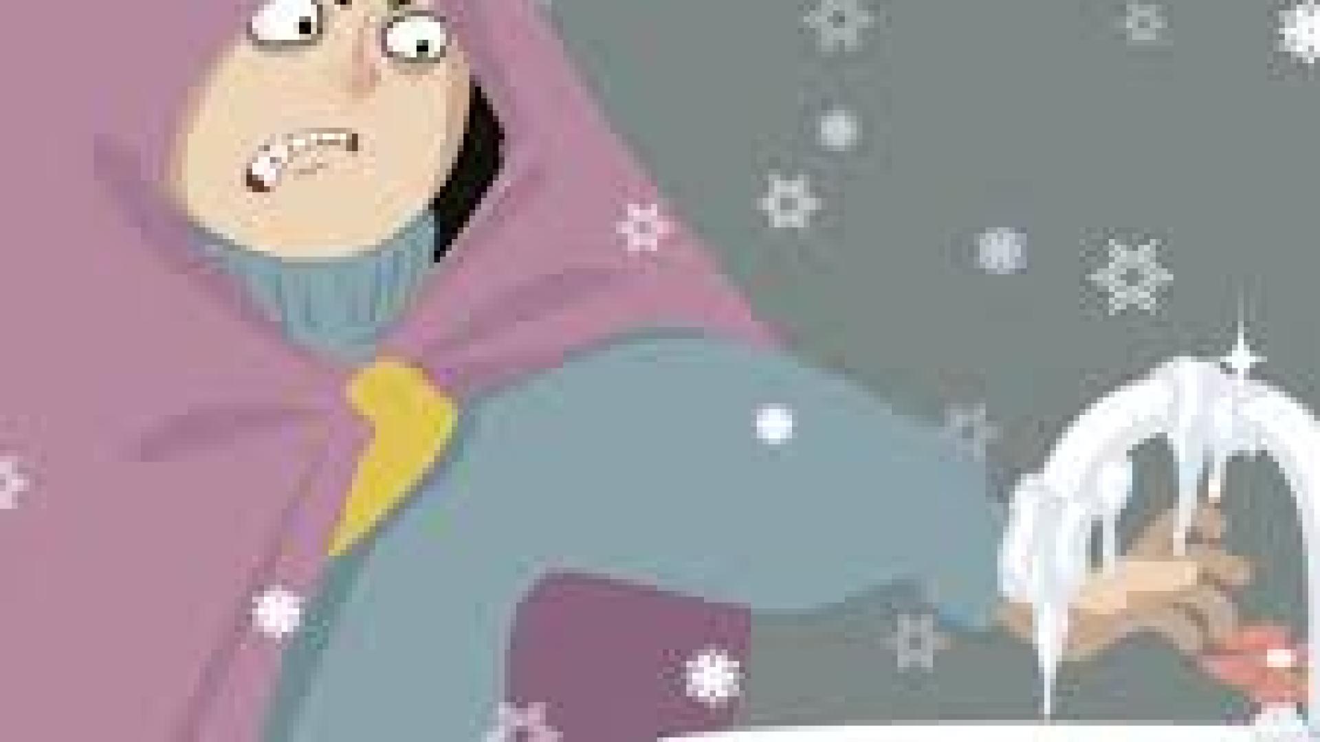 cartoon of a person wrapped in a blanket mad at a frozen pipe