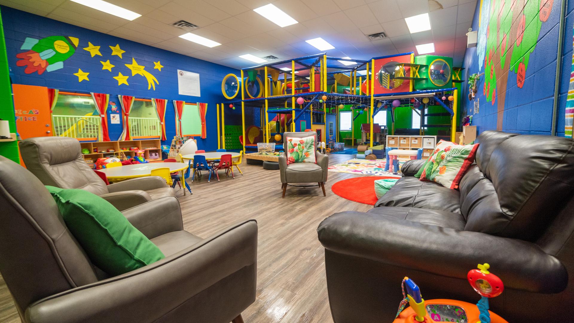Chairs and sofas for lounging.