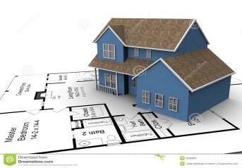 House render sitting on top of a floor plan. The house render is blue with a brown roof.