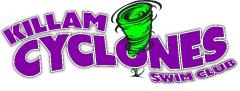 Logo for "Killam Cyclones Swim Club" The logo is on a purple font with a green cyclone coming out of the "o" from the word "cyclone."