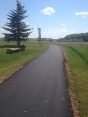 Paved trail with greenery flanking it on each side.