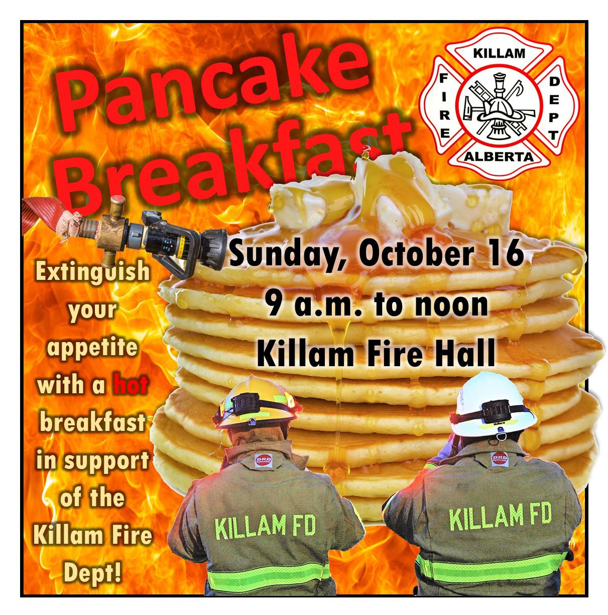 pancake breakfast october 16 9 am to noon killam fire hall
