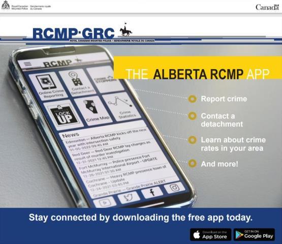 Alberta RCMP app on a mobile phone, report a crime, contact a detachment, learn about your crime rates and more